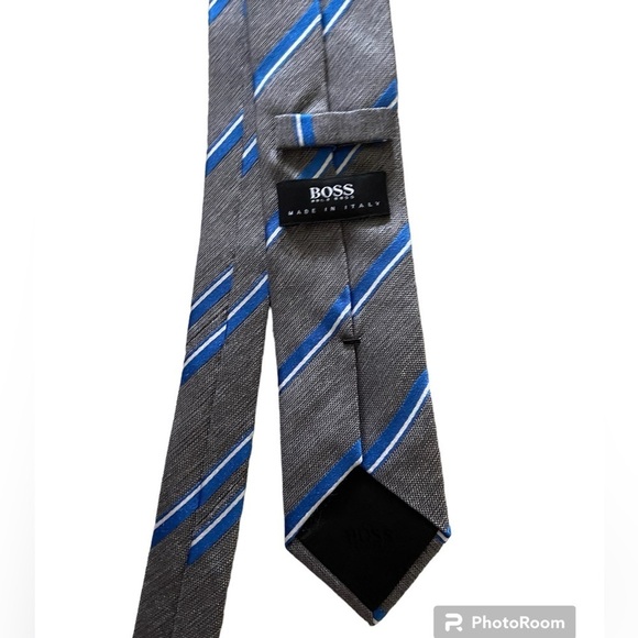 Hugo Boss skinny tie gray/blue stripes Made in Italy - Picture 1 of 2